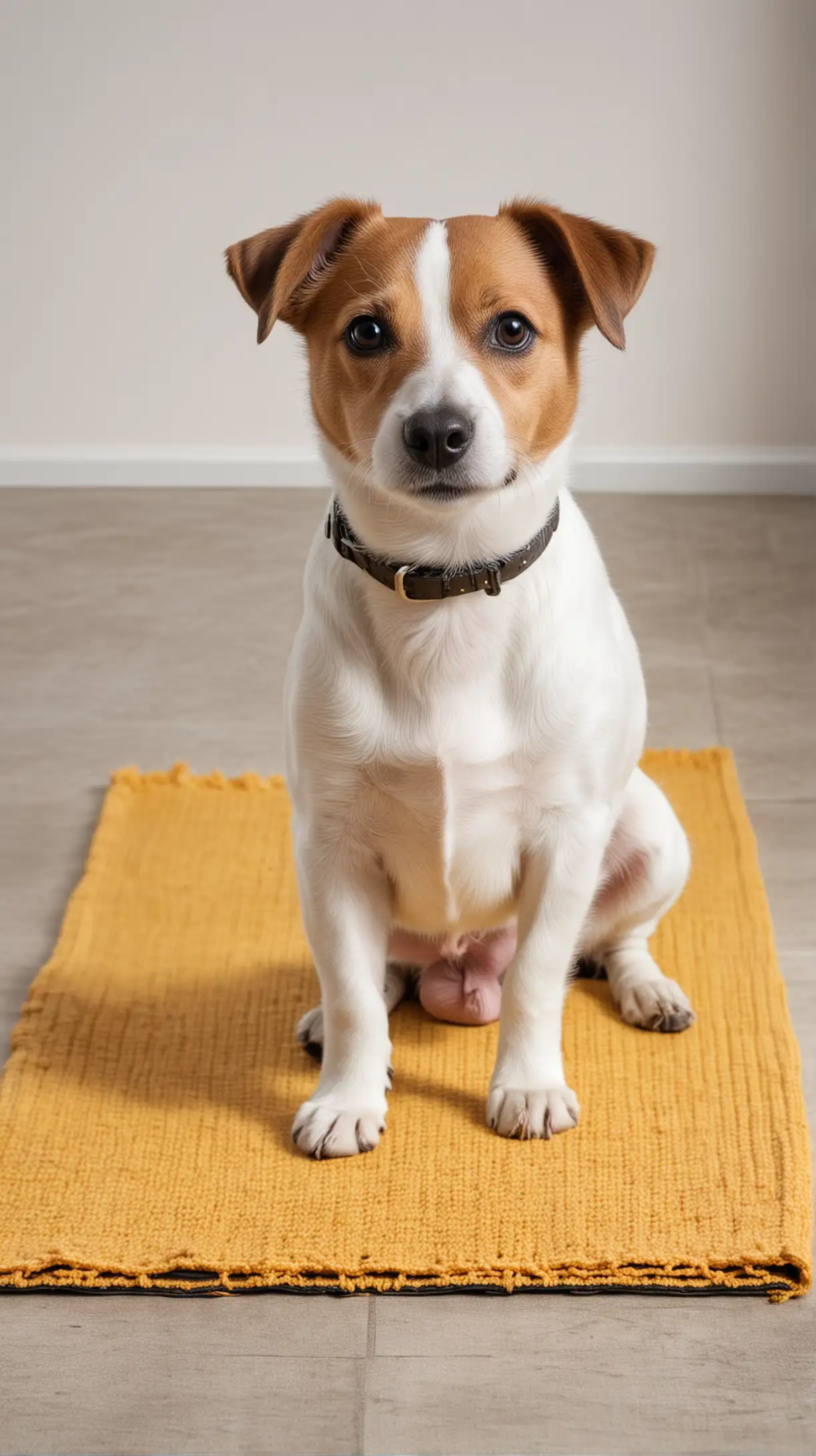Jack Russell sitting in front of the camera on a mat, no background