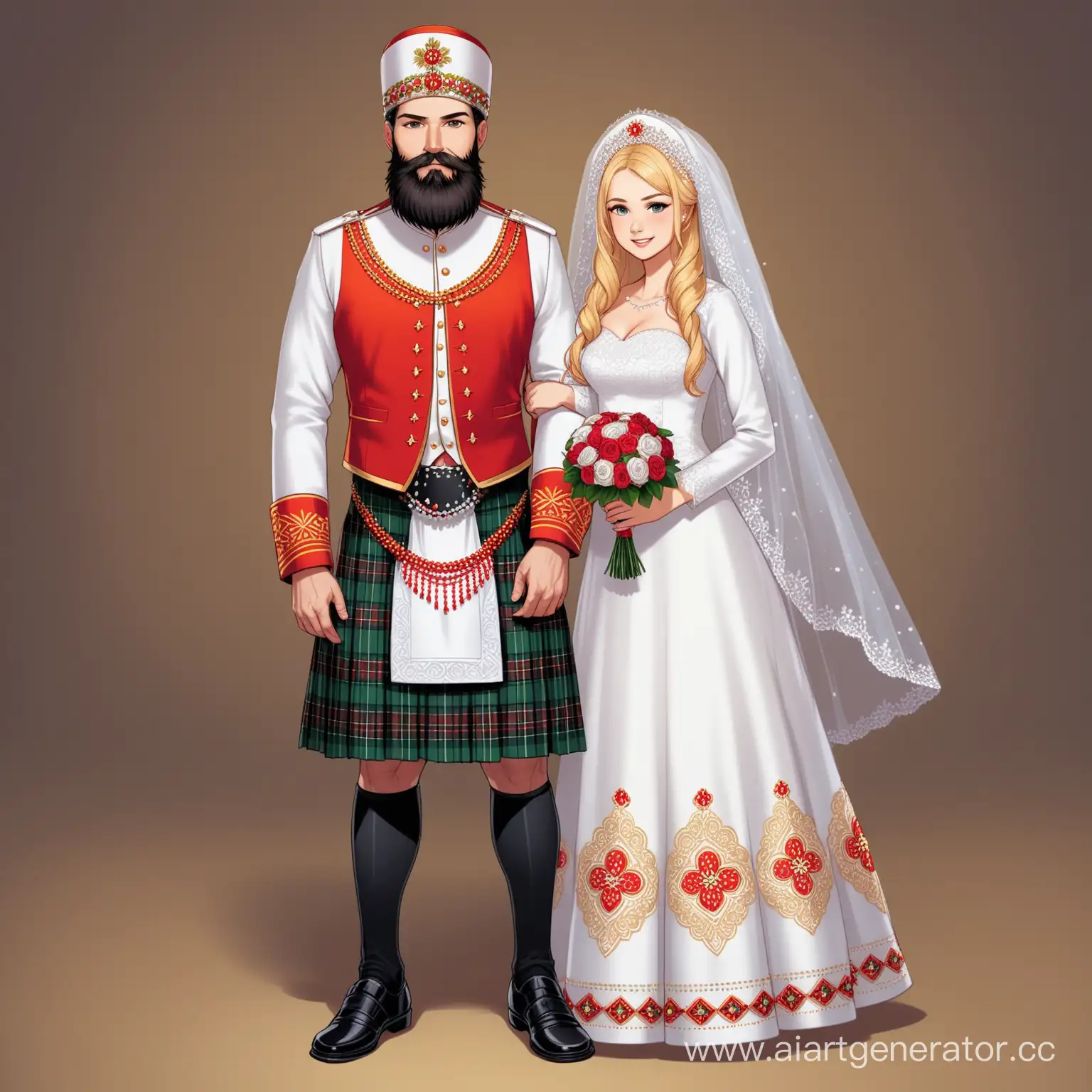Шоттландский жених в килте с темной бородой и русская невеста в кокошнике блондинка в полный рост