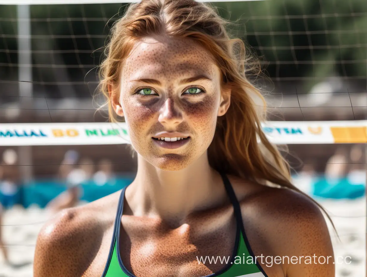 female beachvolleyball with some freckles and green eyes serving

