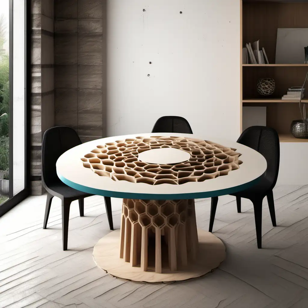 Super moderne eet tafel met hout gecombineerd met epoxy blad, in een ronde uitvoering met een 3d geprinte design uitvoering met japandi kleuren

