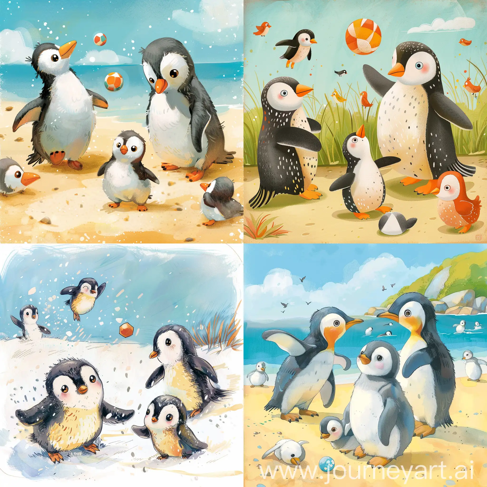 /imagine prompt Penguin plays with his parents and wanders off to play ball with other penguin chicks. Storybook illustration 