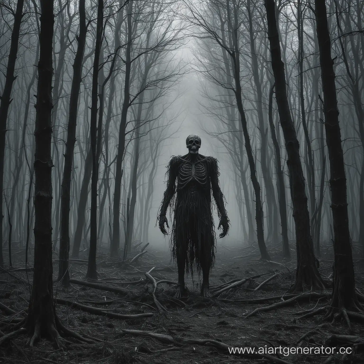 Eerie-Horror-Forest-at-Dusk-Mysterious-Landscape-of-Dark-Trees-and-Foreboding-Atmosphere
