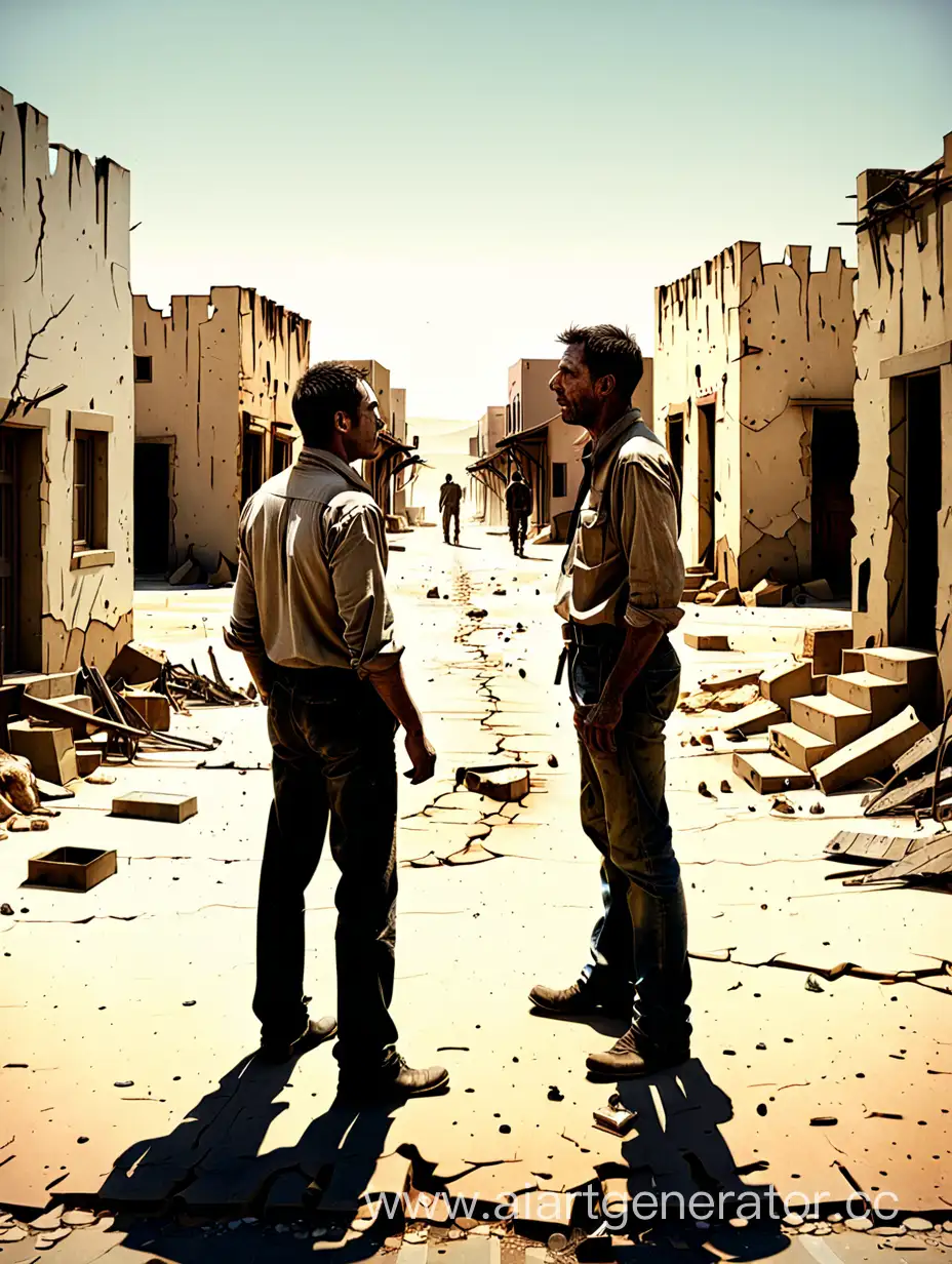 Двое мужчин разговаривают в засушливом пустынном городе
