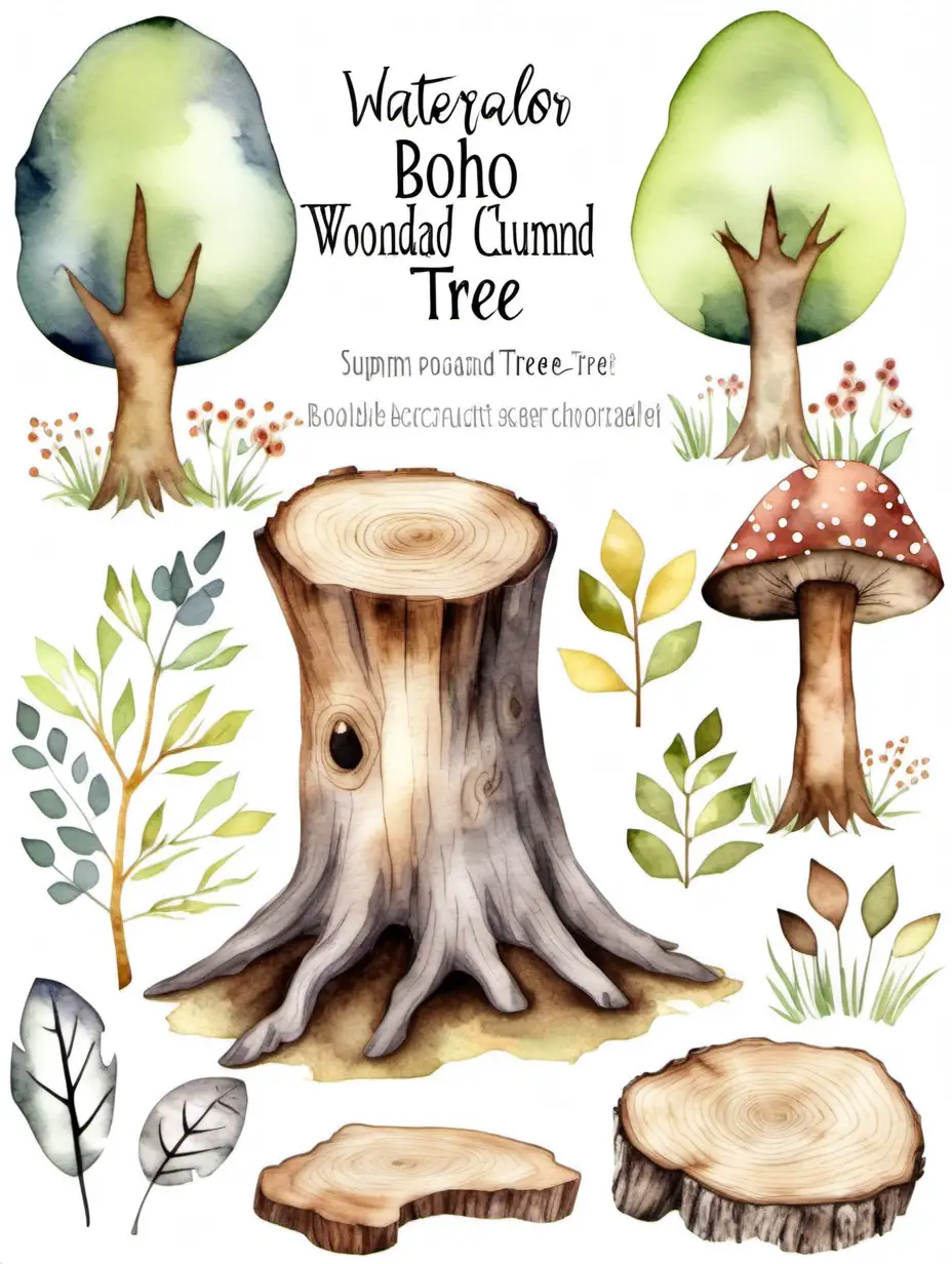 watercolour boho
woodland tree stump 
clipart, isolated background, suitable for a nursery