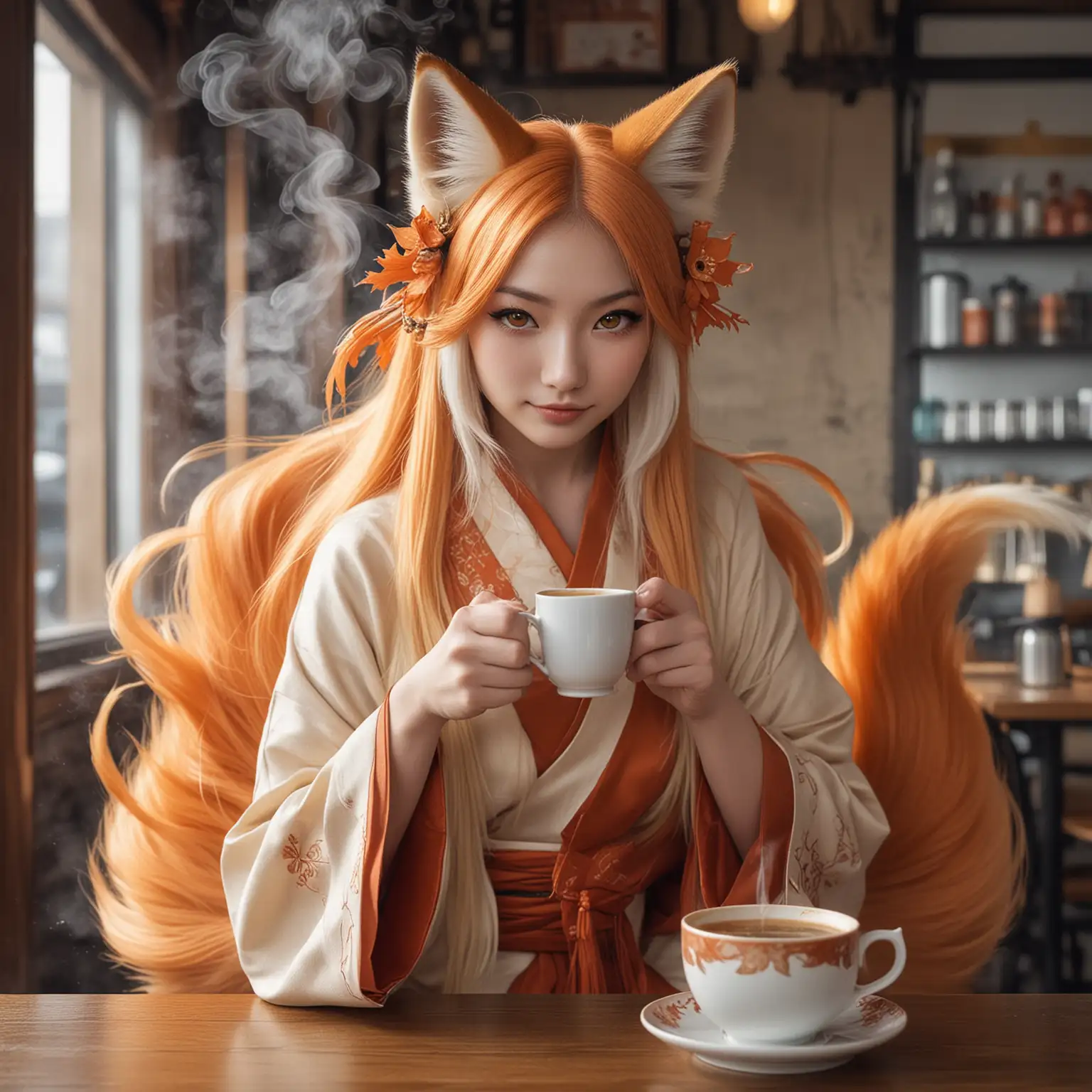 A beautiful female kitsune with nine tails. She is sat in a cafe drinking a cup of steaming coffee