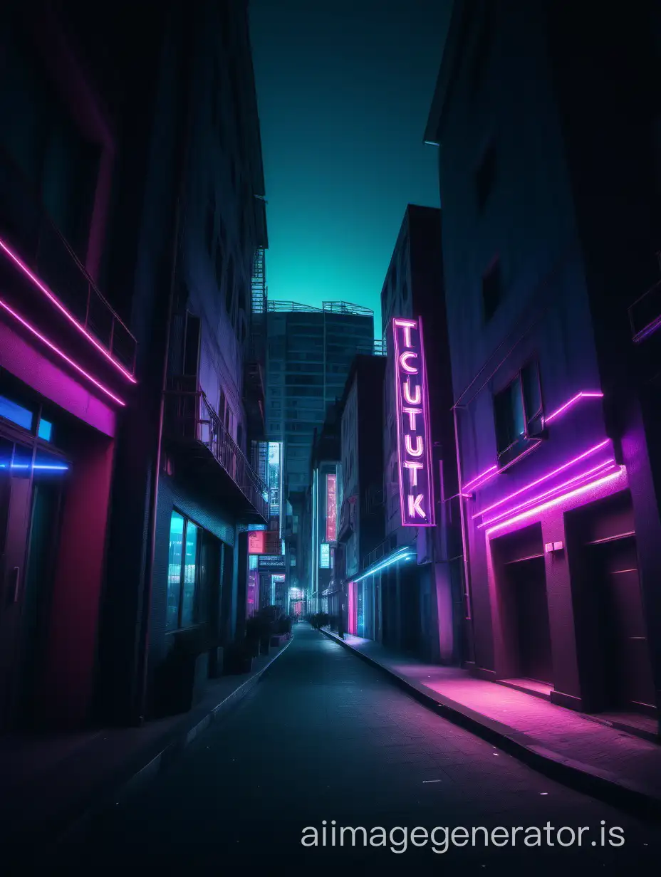 VIEW FROM A STREET IN A CITY WITH MODERN TOURIST BUILDINGS WITH NEON LIGHTS AND BRIGHT LIGHTS CINEMATIC, 16K