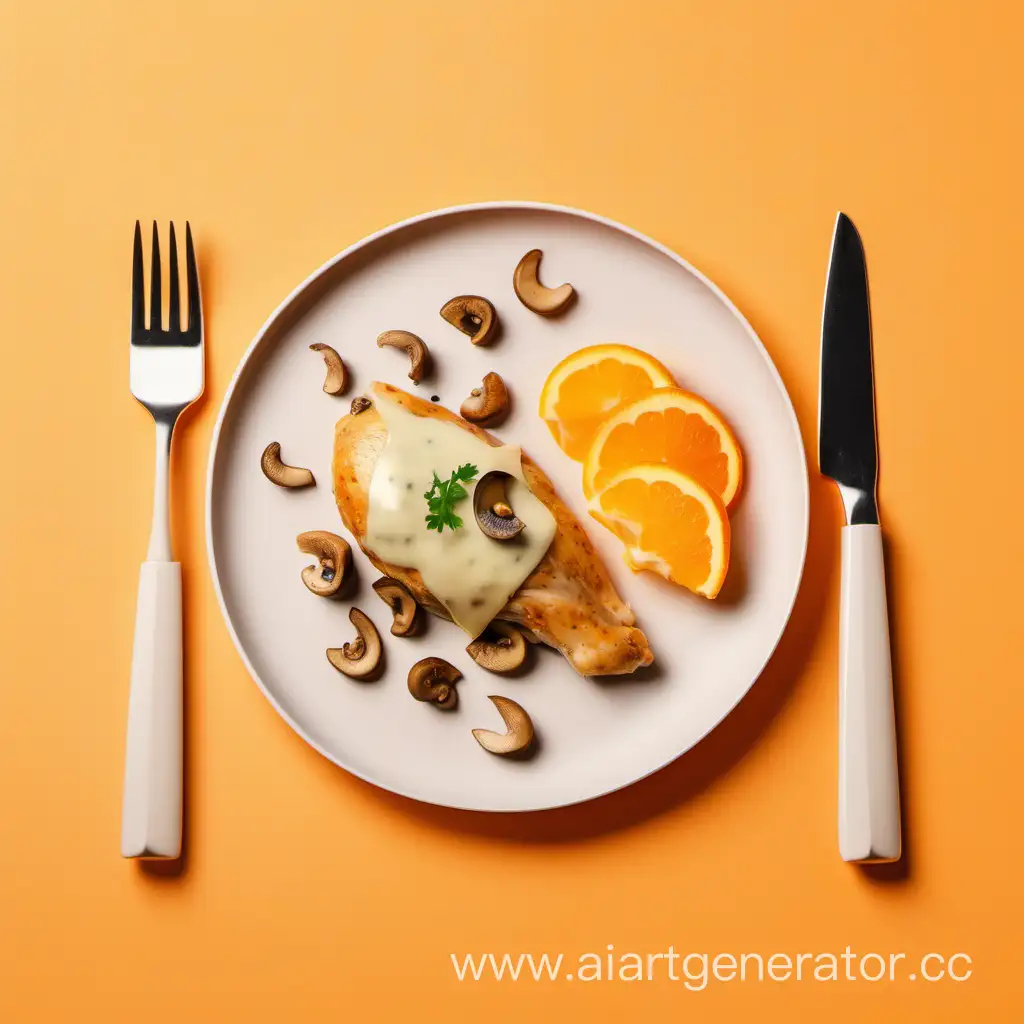 куриное филе запеченное с шампиньоном под сыром, на оранжевом фоне, рядом вилка и нож, минималистический дизайн