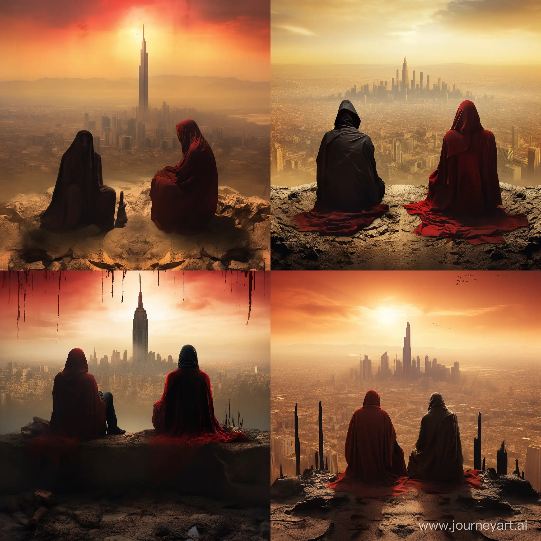 desert, oasis, post-pappocalypse, dawn , Two men, one man in a long cloak, mask on his face, mask red with gold inserts, cape black, second man wearing a jacket, black hair, men sitting on a high tower, ruined skyscraper, hyper-realism, Ultra detail, gloomy atmosphere, 8K image quality
