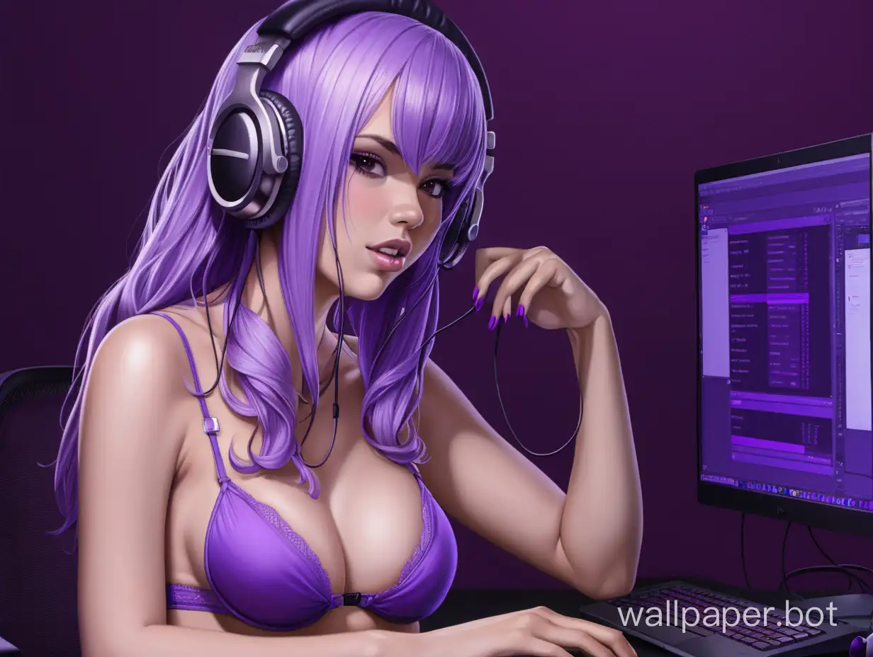 adult beautiful girl, purple, headphones, unfastened bra, dark purple background, behind the computer, drooling