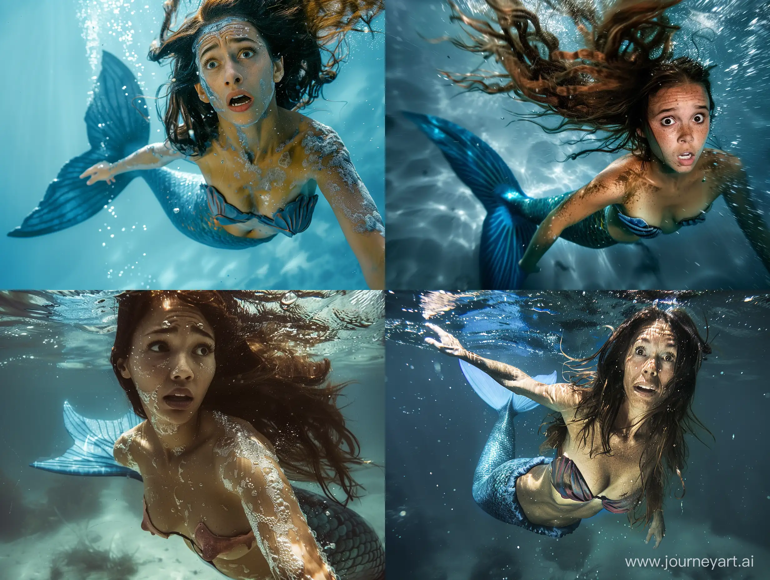 A photograph of a mermaid swimming under the sea. She has a blue tail, loose brown hair and a chest. She looks scared. full body picture