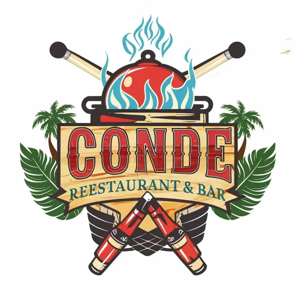 logo, Cooking pot, pool cue, red, white, blue, green, black outline, vibrant blue and red flames, palm tree with the text "Conde restaurant & bar", typography, be used in Restaurant industry