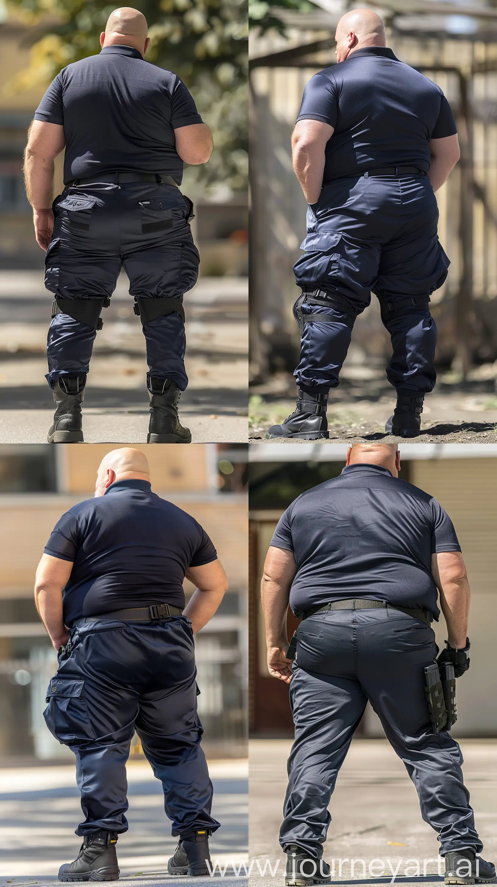 Close-up full body back view photo of a very fat man aged 60. The man is wearing tight silk navy battle pants tucked in black tactical boots, he has a tucked in silk navy sport polo shirt and a black tactical belt. Standing upright and leaning forward. Outside. Bald. Clean Shaven. Natural light. --ar 9:16