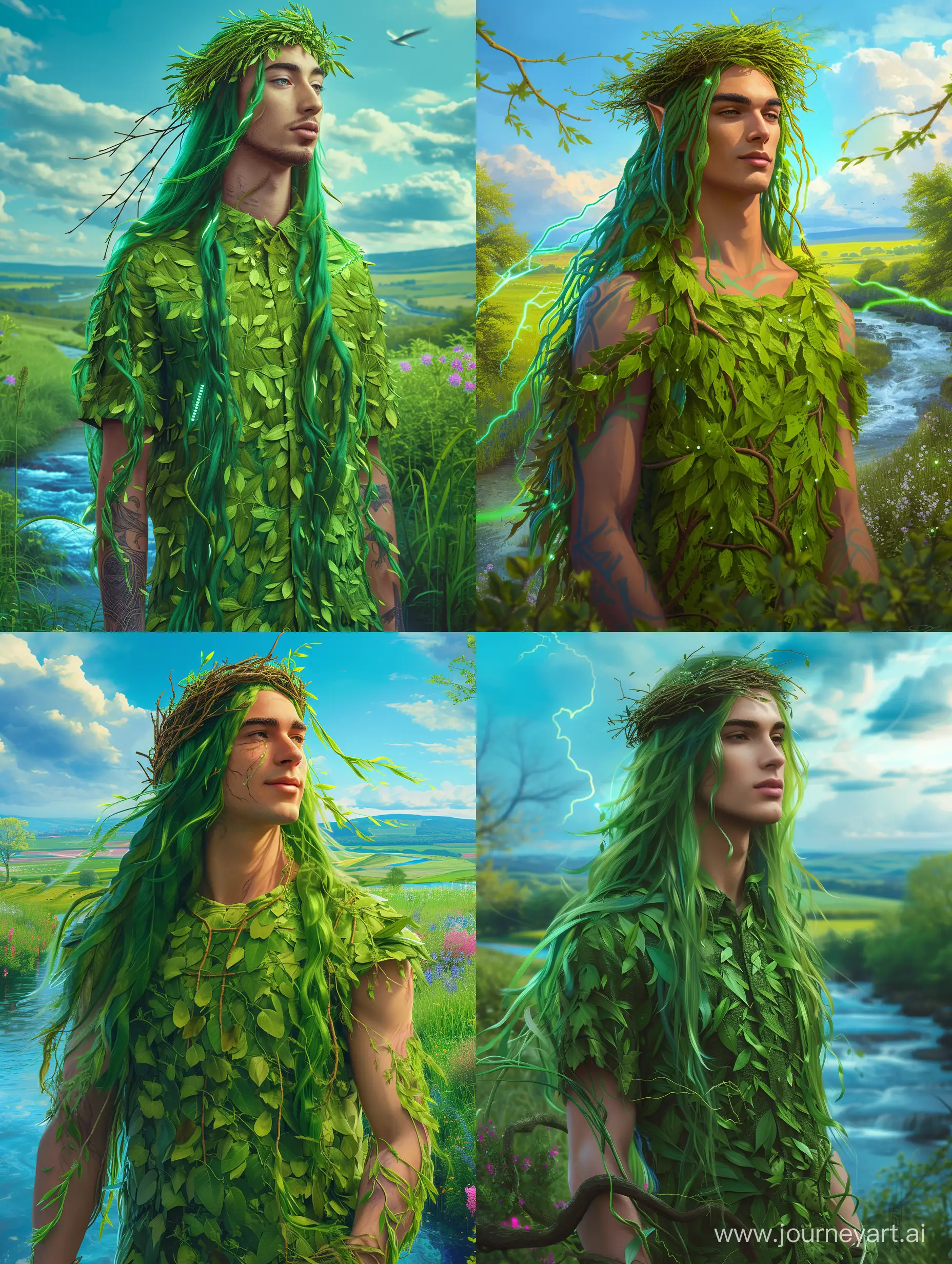 Король-весна, невероятно красивый мужчина в полный рост, с зелеными длинными волосами, на голове венок из вербы, в рубашке из зеленых листьев в весеннем саду, красивый пейзаж на фоне, синее небо, ручей, неоновые переливы, высокое разрешение, эстетично, красиво, яркое освещение, фотореализм