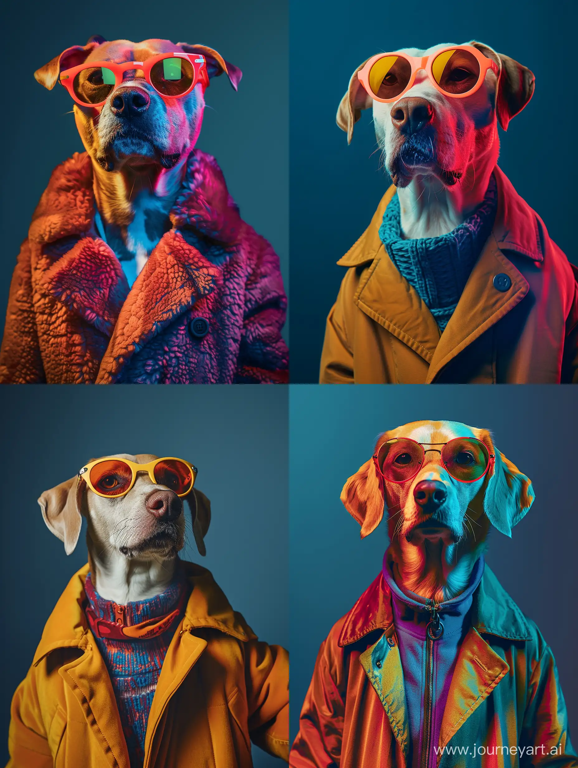 In front view portrait of a dog wearing 1960s mid-century space-age fashion backdrop is a deep neutral blue setting a stark contrast that accentuates the subject fluorescent color shader wearing a very fashionable lounge coat and sunglasses are a hip 1960s style clothing all in one color –chaos 15 --ar 3:4 --style raw --stylize 261 --v 6
