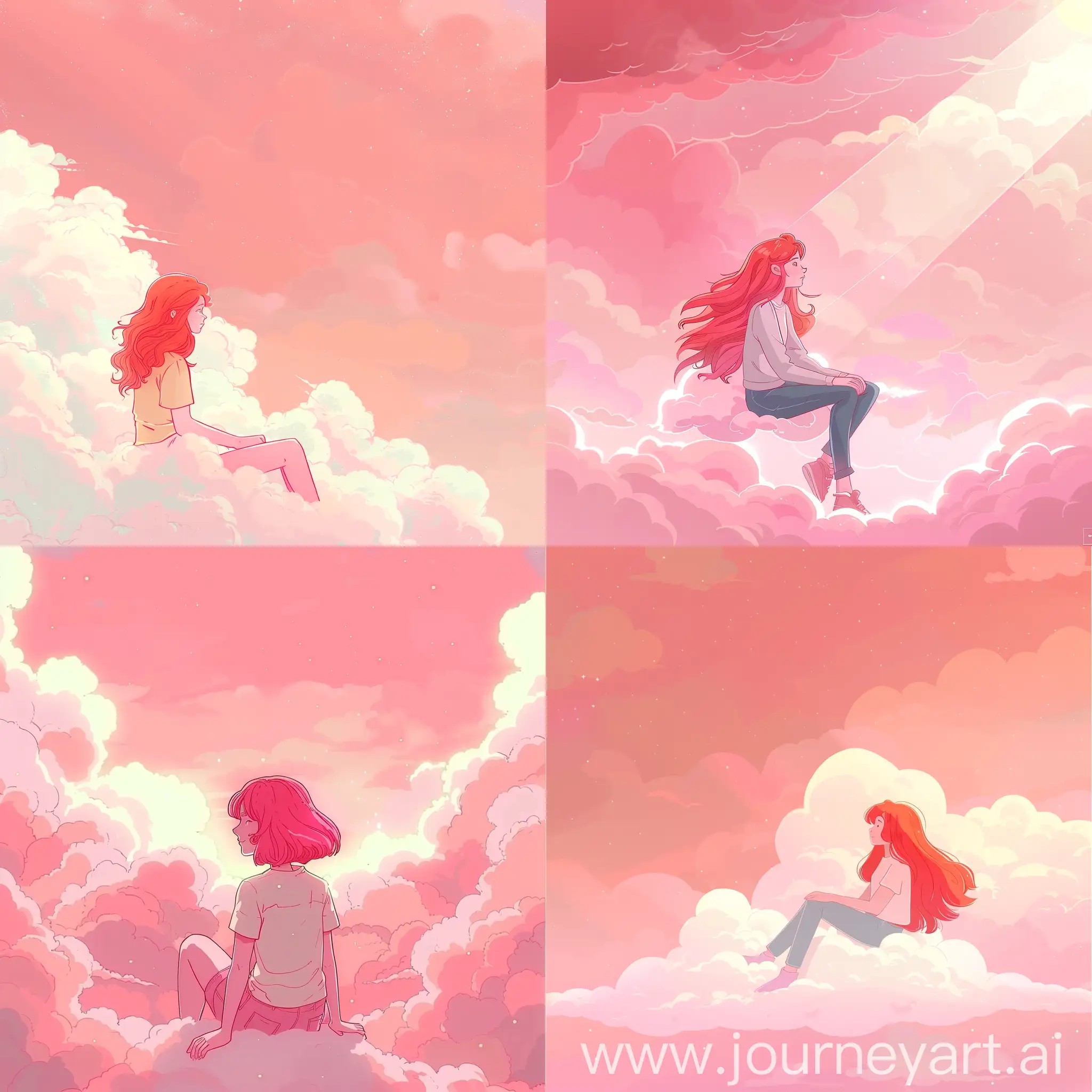 Розовое светящееся небо с лёгкими белыми облачками. На тучке сидит рыжая девушка. В стиле мультика.