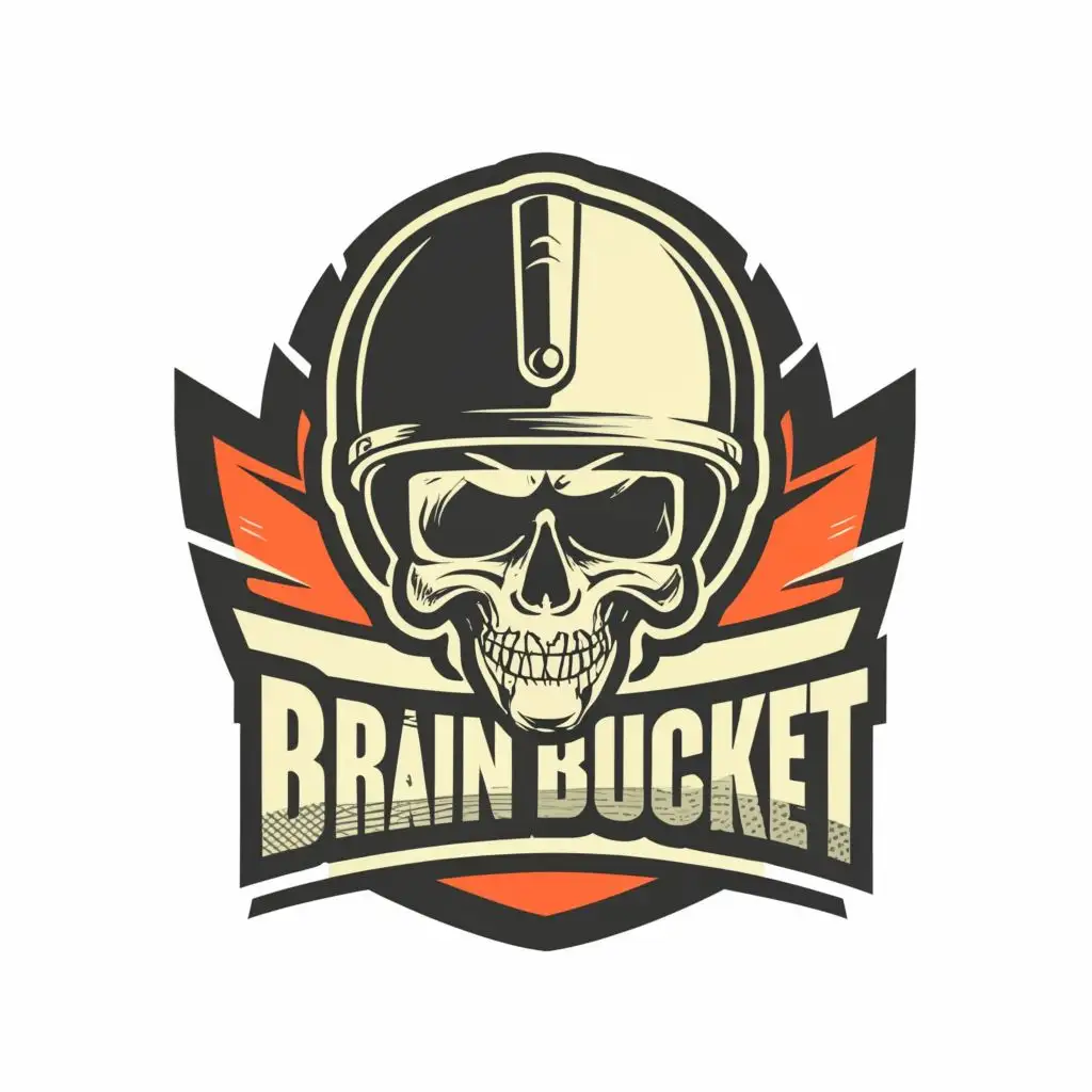 logo, SKULL WEARING A MOTORCYCLE HELMET, with the text "BRAIN BUCKET", typography, be used in Entertainment industry