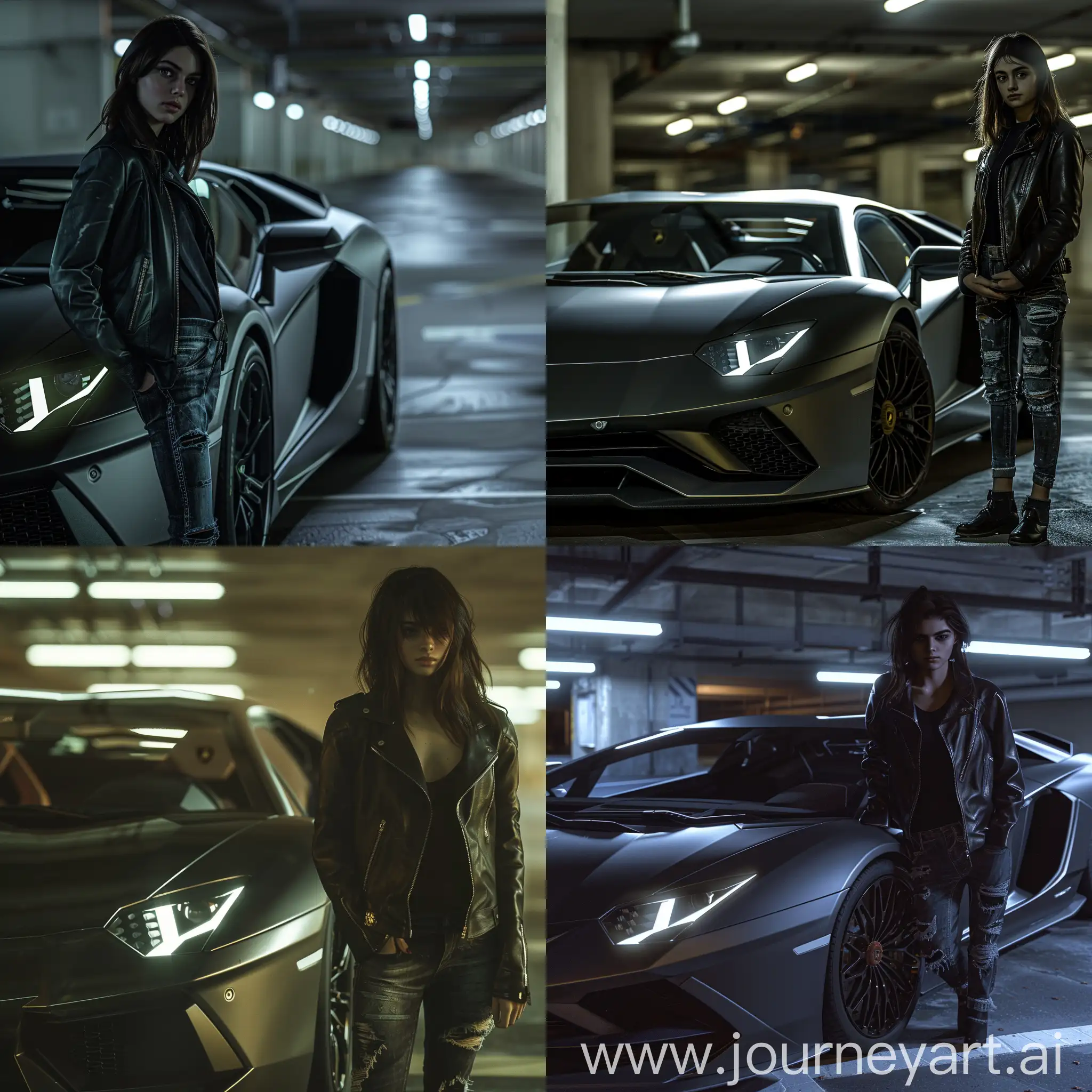 A sophisticated, realistic 4k cinematic photo, teenager, Not a mature 17 years old. European appearance with classical darkbrown, brunette, medium length, in style Fringe hairy .wearing a stylish black leather jacket and distressed jeans, standing confidently next to a sleek, black Lamborghini Aventador in a dimly lit underground parking garage, with the car's LED headlights illuminating the scene."