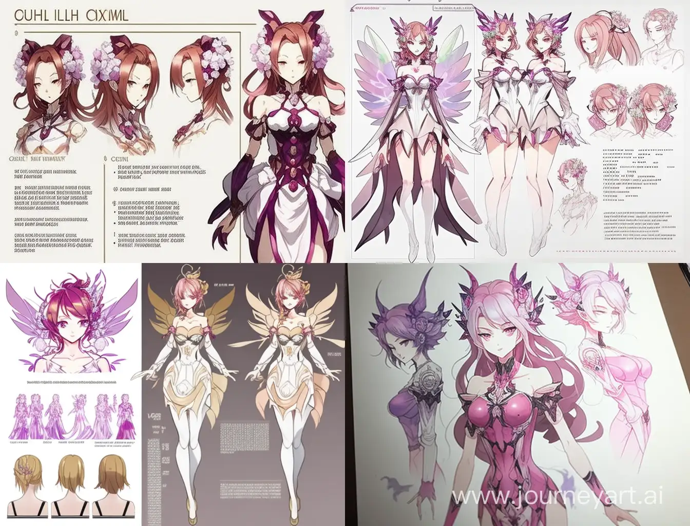 Made in a good-looking creative art style, semi-realism, or anime. With fantasy motifs. Create an OC with : pink, purple, white color pallet. She has one body, but three twin heads sharing one neck, like Siamese twins, tall, wears a semi-transparent shiny dress with many prints in the shape of spirits-like faces at the end. One head has pink hair, the second head has white hair, the third head has purple hair.