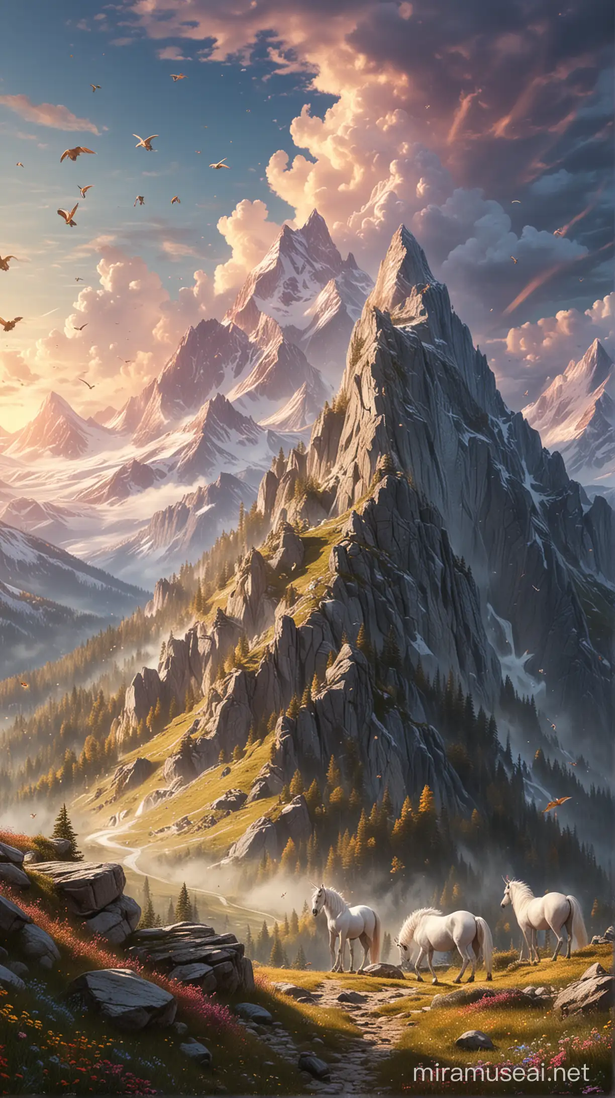 Majestic Mountain with Flying Unicorns and Hidden Treasures