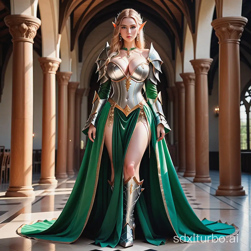 a busty elf princess in a Renaissance deep V bridal armor with super wide metal sleeves, armored, long metal-plated skirt dropping to the floor