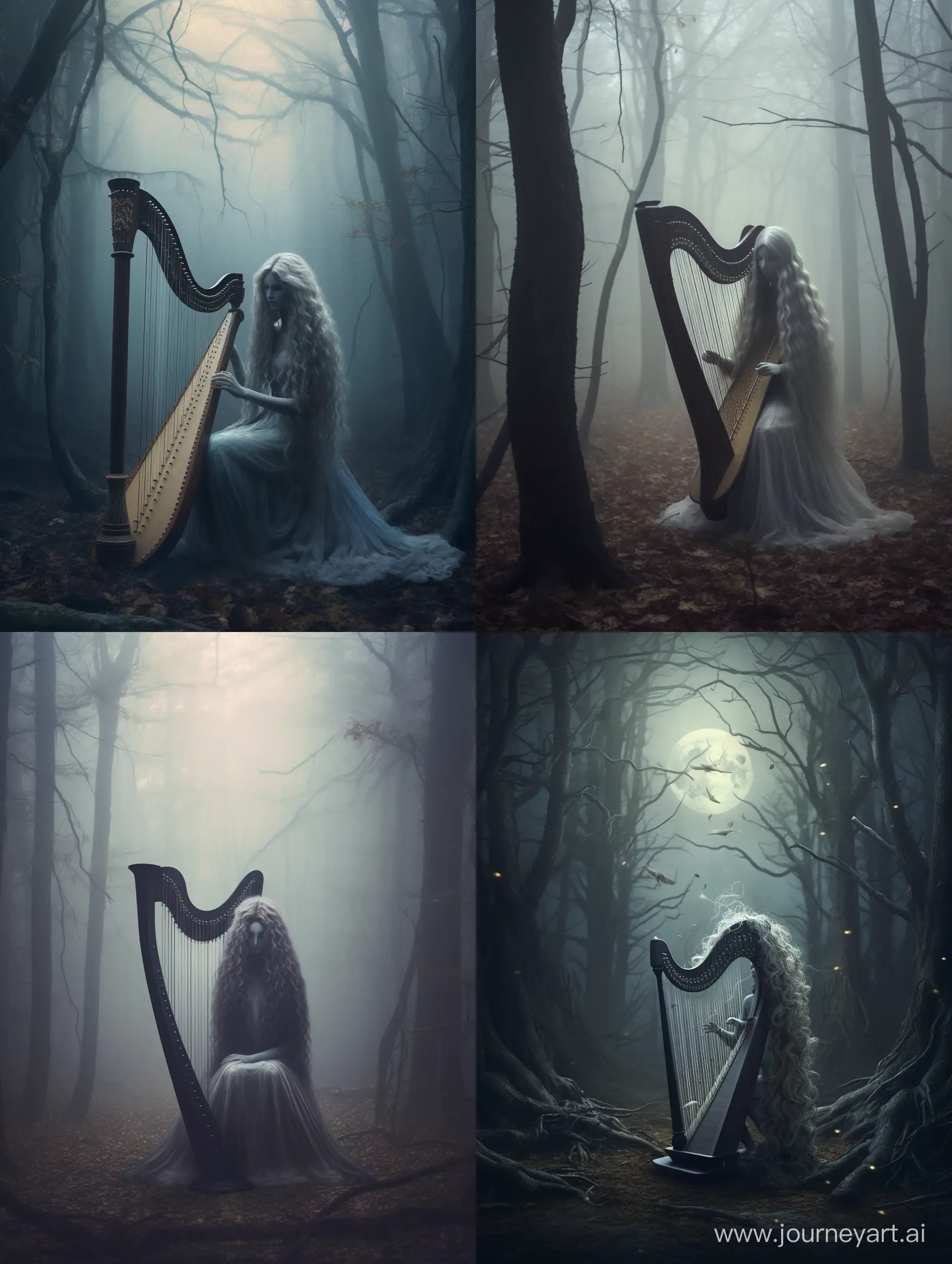 Breathtaking surreal Moonlit spectre Harpist with long dopey hair playing a large beautiful intricately detailed harp in Misty Autumn Forest