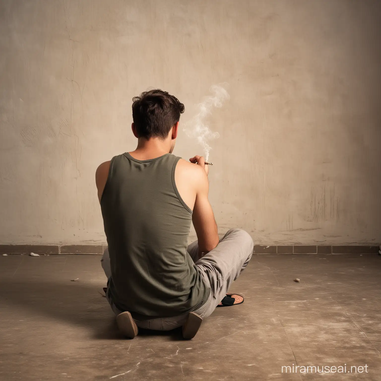 Back view. a man sitting on the floor smoking.
