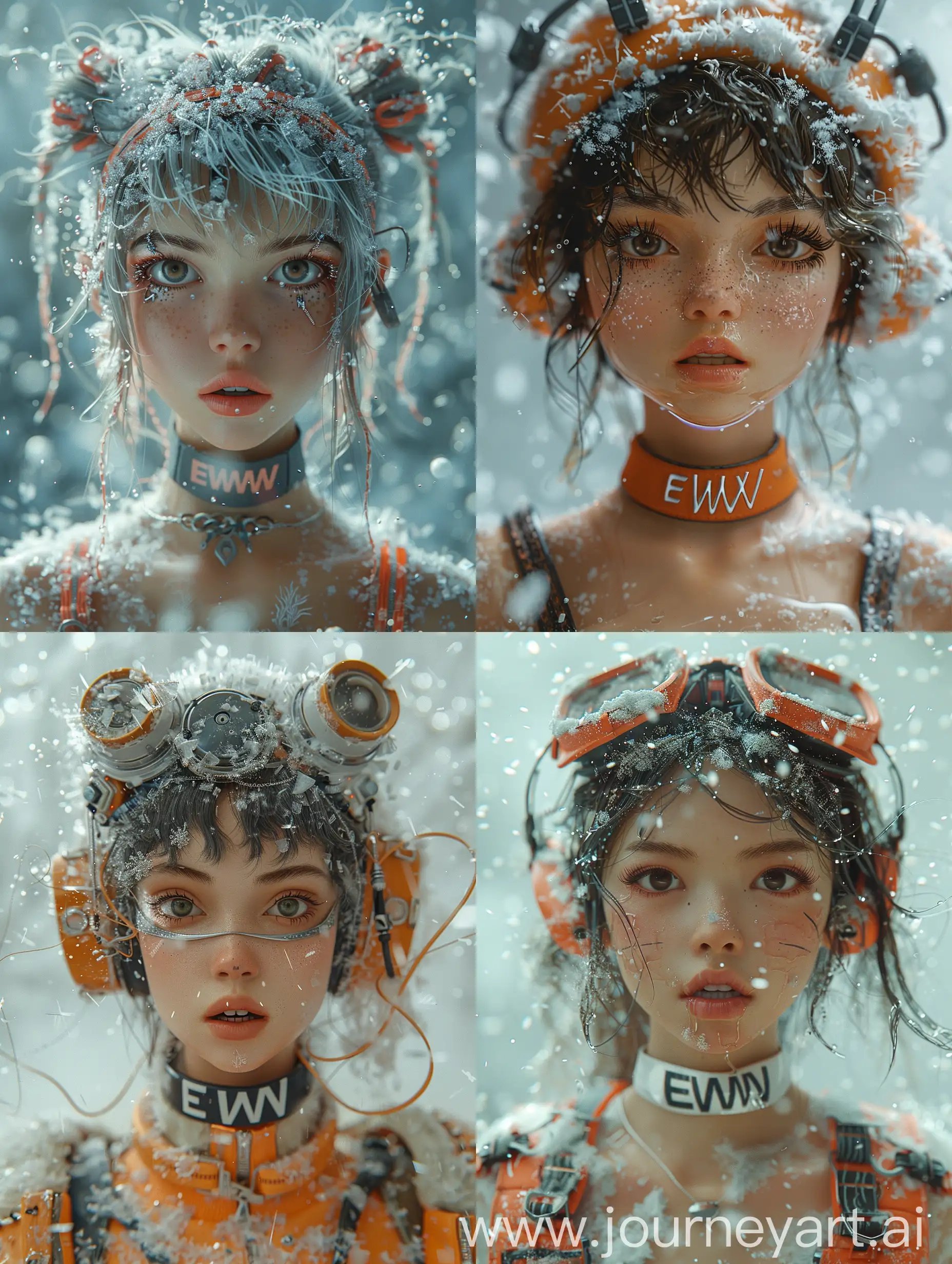 Prompt /imagine prompt: glamour shot of a 3D model, a cute dolll with a choker with "EWW" written on it , surreal headgear, surrounded by particles, against an ultra-realistic background with high details and surreal elements. white ice, bitter and ash, --stylize 700 --style raw --v 6