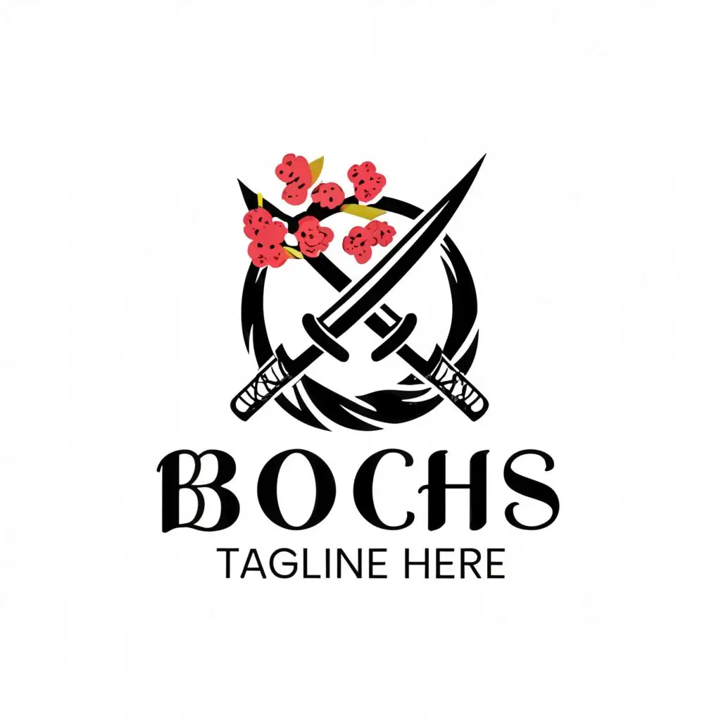 a logo design,with the text 'Buchi', main symbol:Katana sword with cherry blossom on it and make the katana the centre of attention,complex,be used in Restaurant industry,clear background