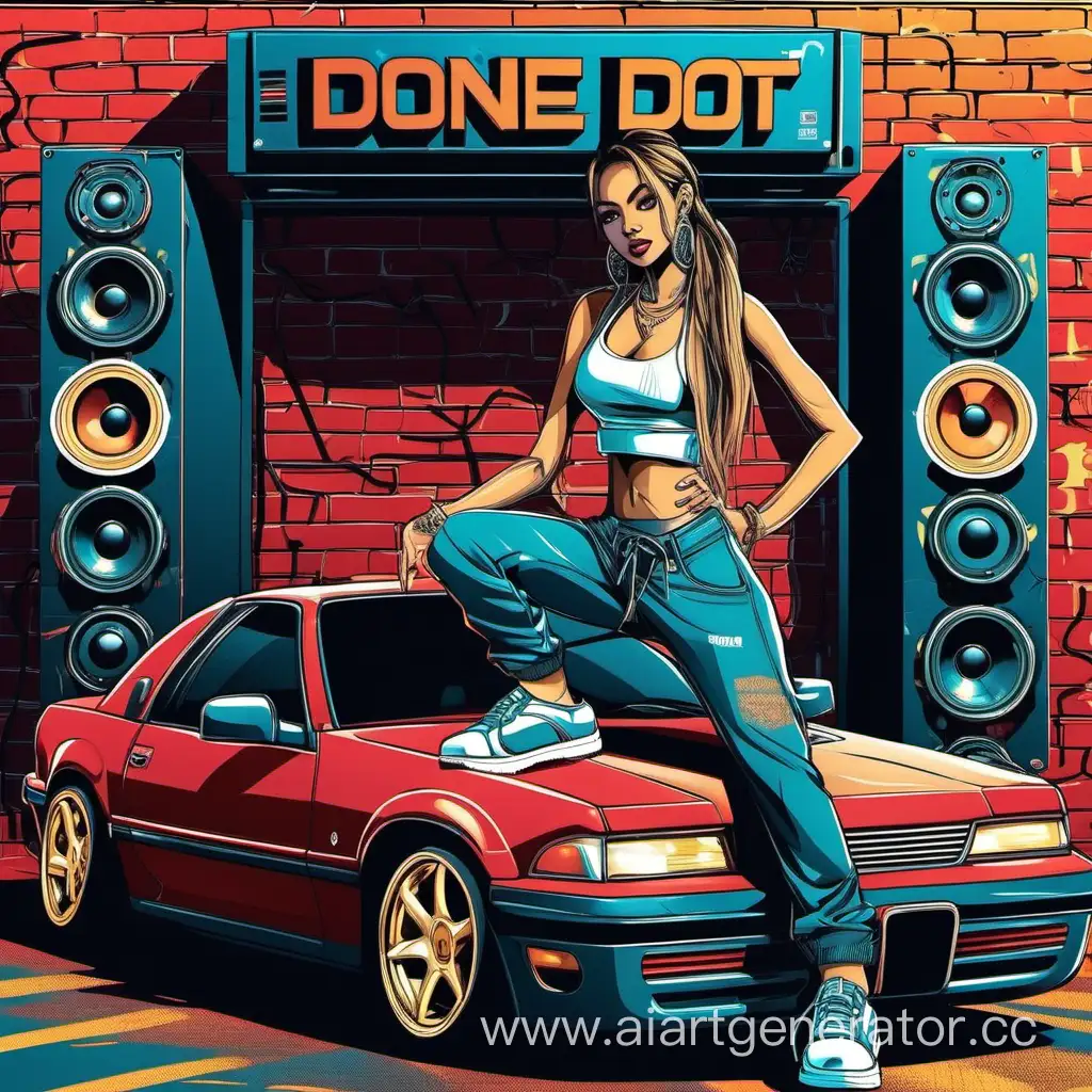 Stylish-HipHop-Girl-Posing-by-Car-with-Done-and-Dot-Graffiti