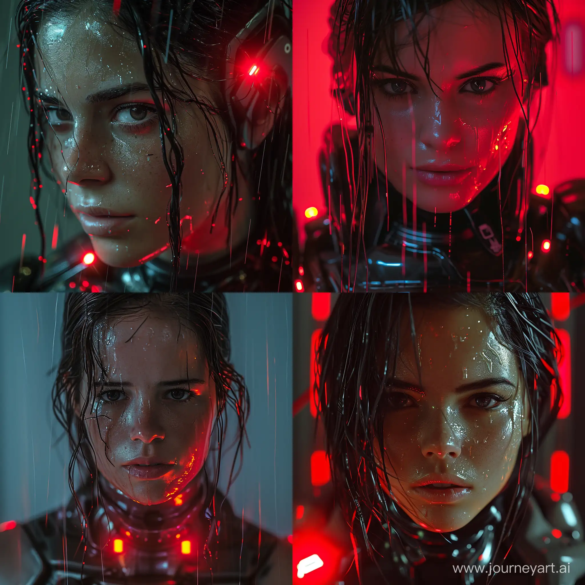 Hyper realistic face of a woman, adult, serious expression, dark wet hair, sci fi biomechanical suit, beautiful, alien, red lights