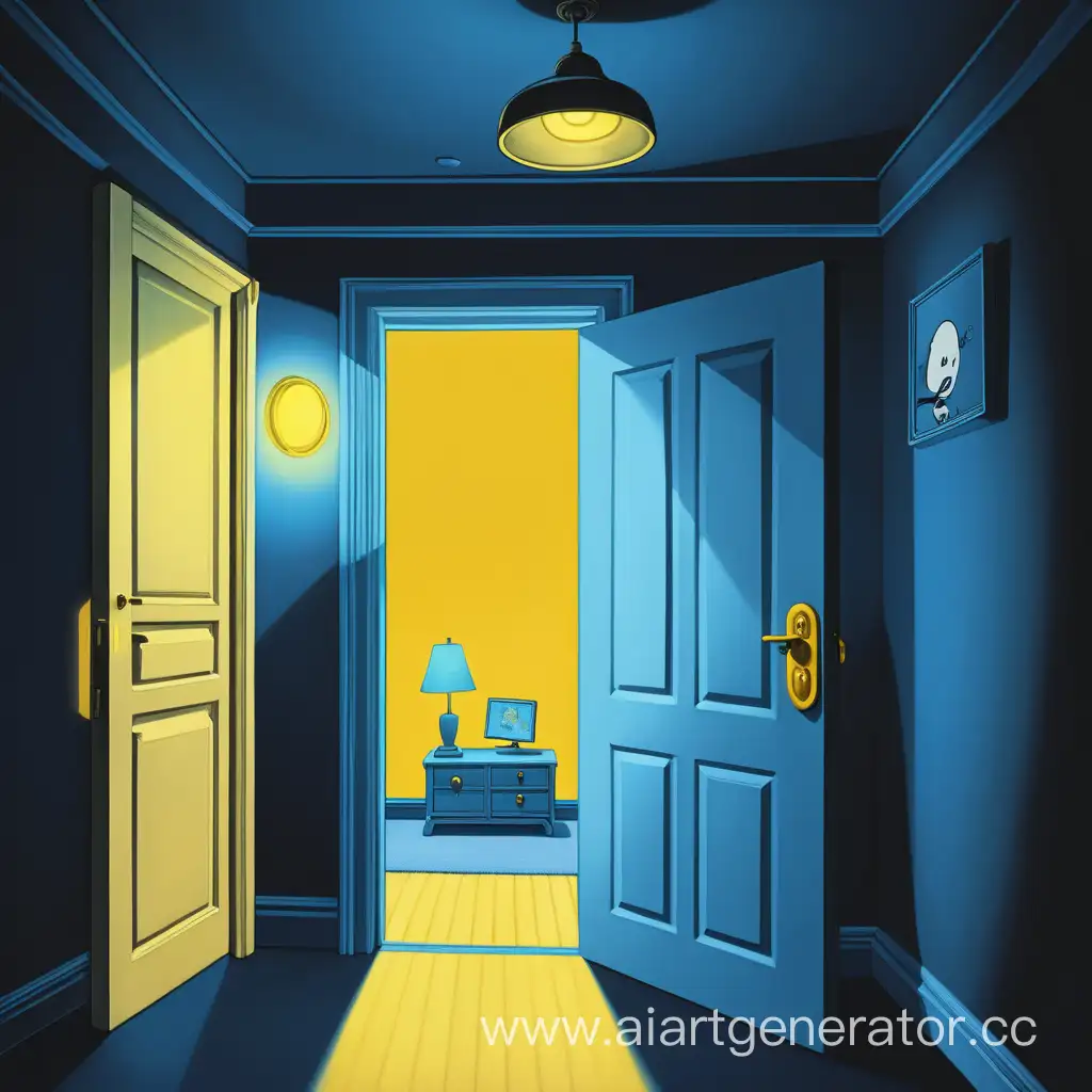 Тёмная комната в синих оттенках с откртой дверью справа издалека из которой исходит жёлтый свет в мультяшном стиле