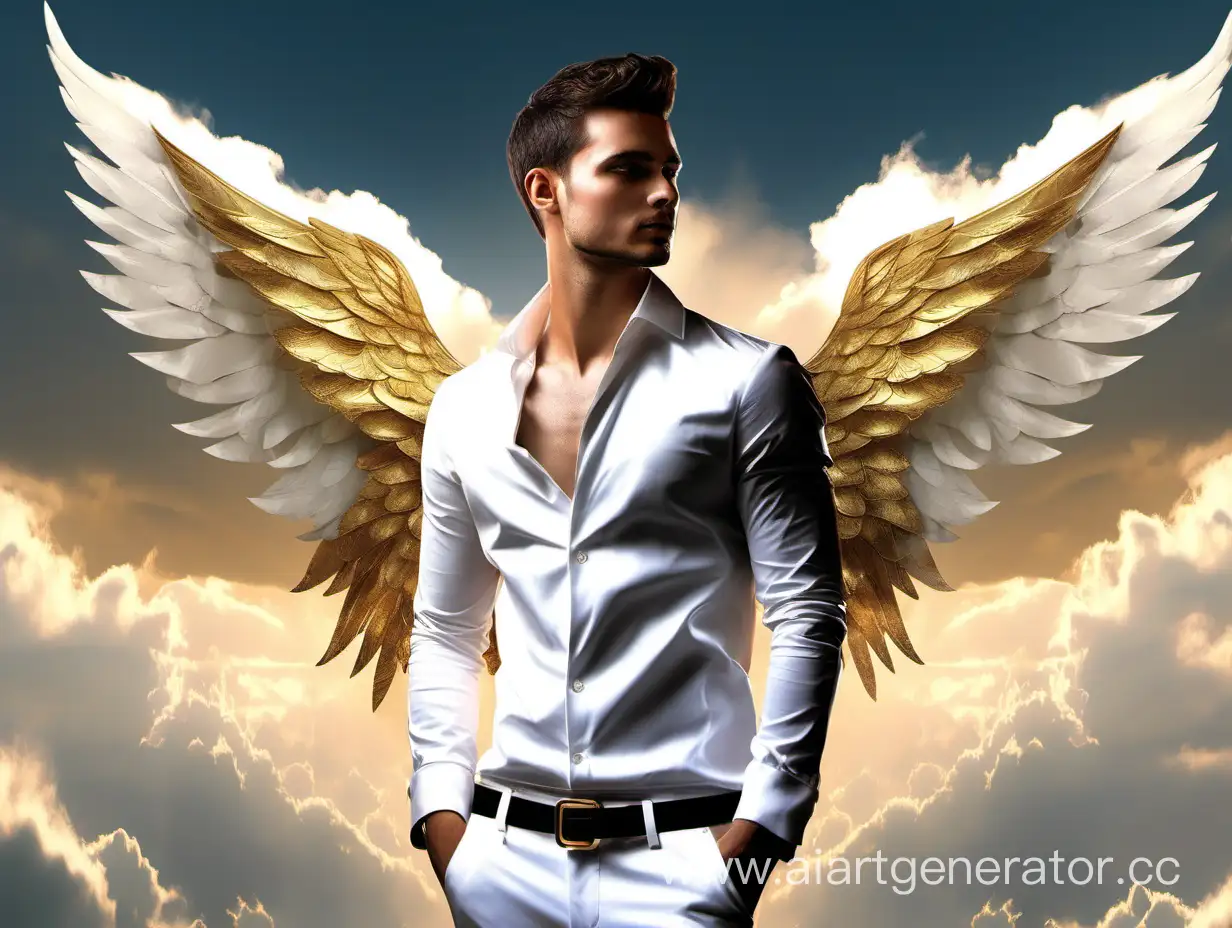 парень  брюнет короткая стрижка золотые крылья фэнтези  облака белые брюки