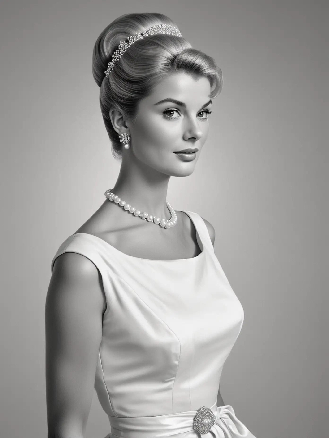 Black and white illustration of a beautiful 1950s woman, her hair is blond and up in a sleek bun, she wears pearls, her outfit is white, she is wearing a  dress, she is elegant, in the style of Jackie Kennedy, cinched waist, square décolleté, white background 