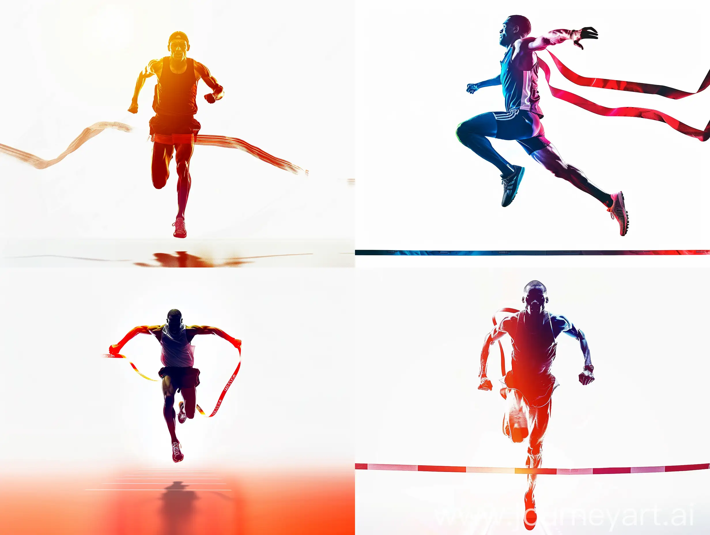 a runner jumping to the finish line, he is trying to win the race, front view, realistic, real person, front light, stock image, white background