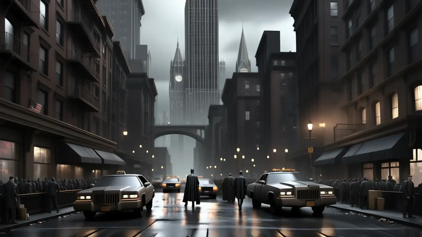 Generate an AI scene with a top panning view of Gotham City, portraying a cityscape filled with people in a tense atmosphere. Capture the urban landscape, dimly lit streets, and the palpable tension in the air, showcasing the iconic setting of Gotham in a cinematic style.