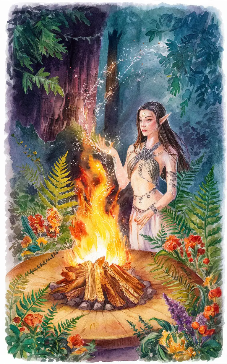 midsummer elven night aesthetics, bonfire, magical sparks from the fire, ferns and herbs and flowers, russian forest, love and beauty,  aquarelle style, magical, silver pigment, watercolor drawing