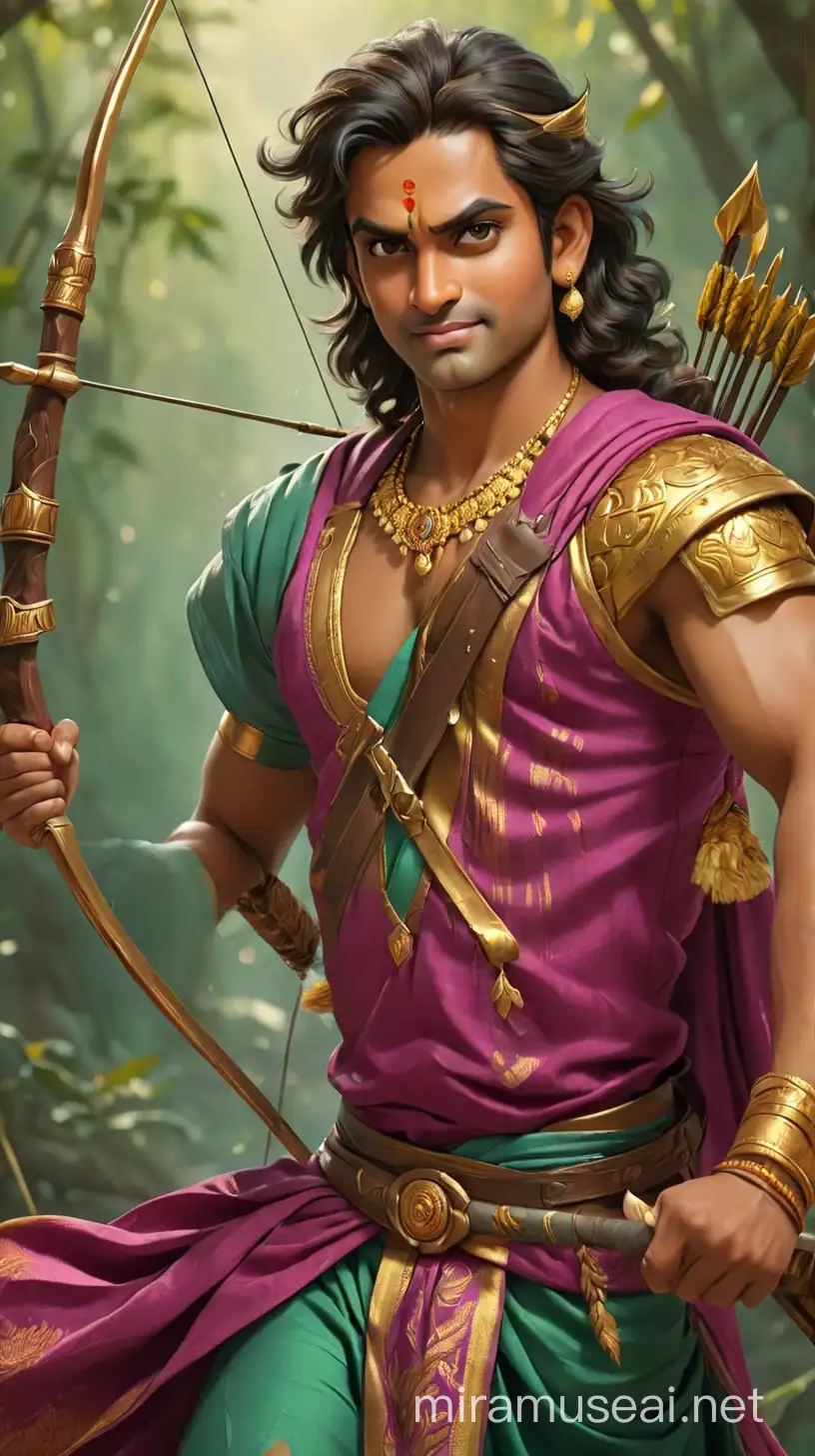 the most handsome, fierce and happy looking prince Lord Sri Rama Chandra in ethnic cloths of golden, magenta, sea green combination colors. with golden brown embellished bow and arrow in his hands. he should have luscious hair on his head and give a heroic warrior pose with firing bow and arrow 