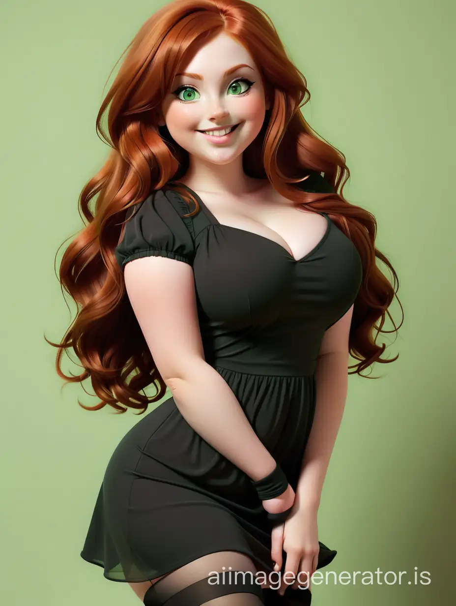 Red-haired, long-haired girl, smiling, plump lips, big green eyes, black loose short dress, black stockings, long legs, slim waist, wide hips, big buttocks, big chest, standing leaning