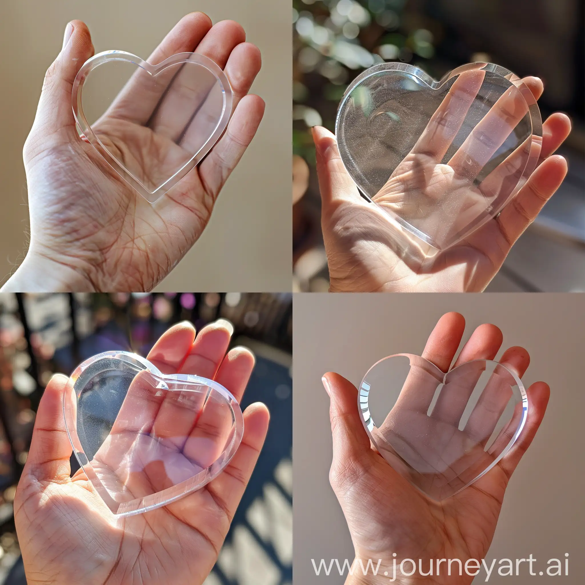 hand holding a clear acrylic heart shaped plaque, first-person pov