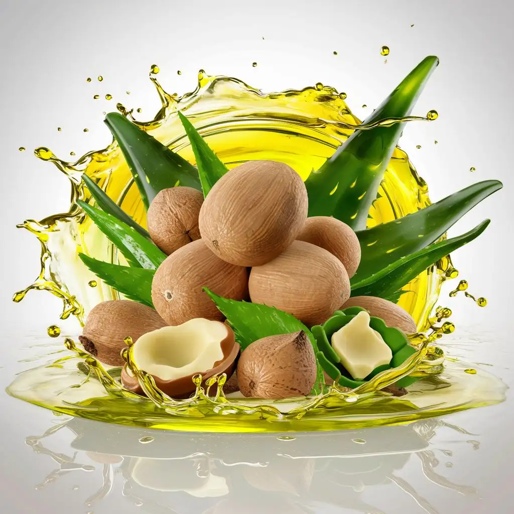 Shea Butter Almond Nuts with Aloe Vera and Oil Splash 3D White Background Graphic