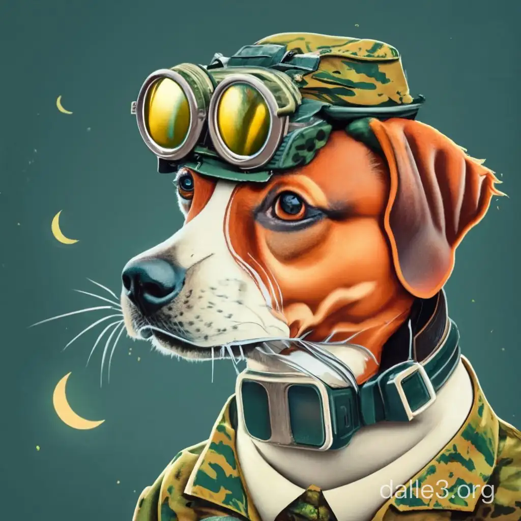 jack russel terrier sergeant in the army with night vision goggles