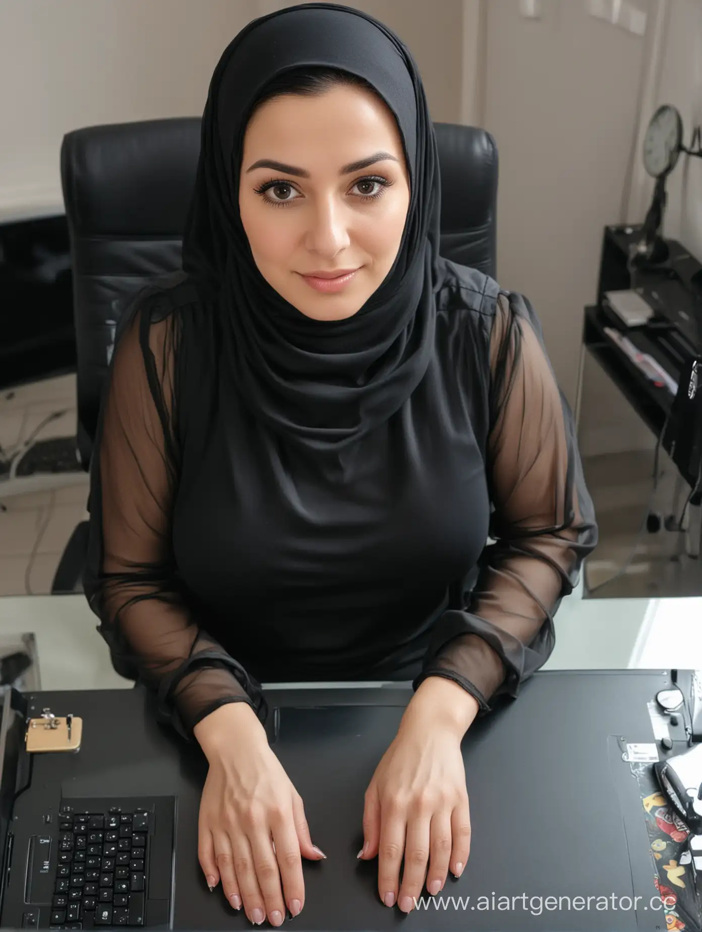 A dwarf woman. 40 ears old. She wears a hijab, black transparent blouse. Office. Make up. Curvy body. Her height is 130cm. Close pov shot. Close up. From above. Sits the computer table. She has different face. She is mature. Turkish. From top. From above. Pretty face.