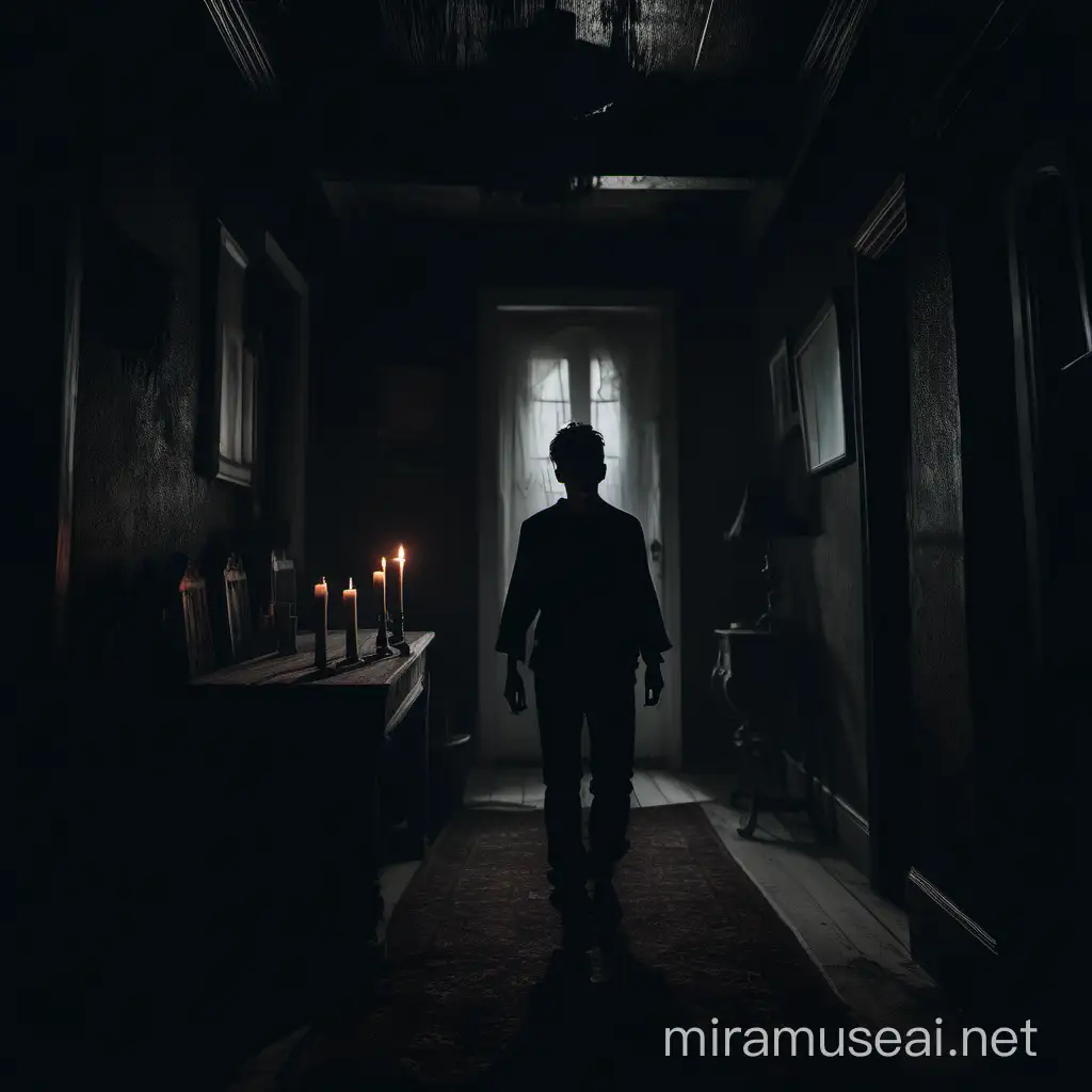 صورة سينمائية مظلمة غامضة رهيبة مخيفة عن شاب في منزل مخيف مسكون مظلم يحمل شمعة مضيئة ويتجول في منزل