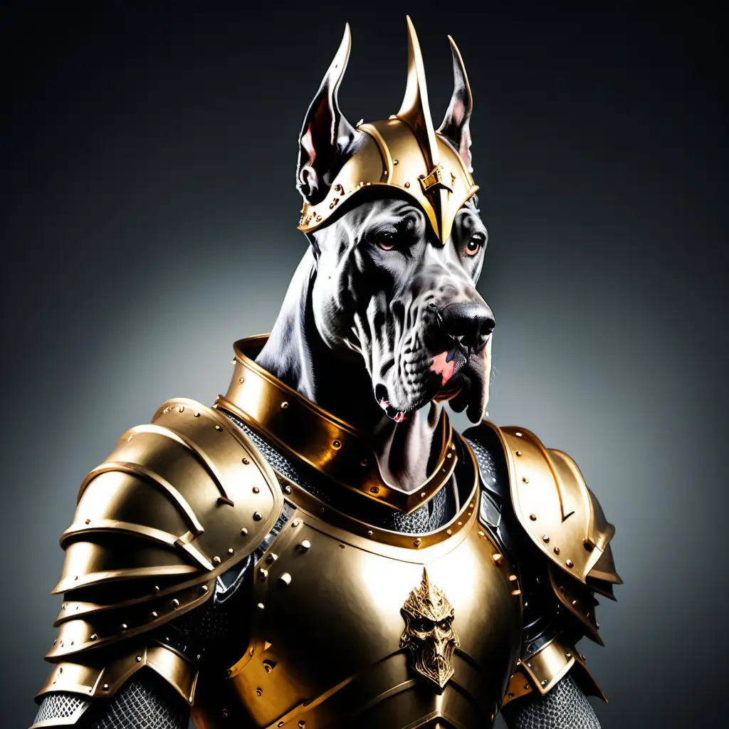 angry Great Dane with gold knight armor with battle helmet