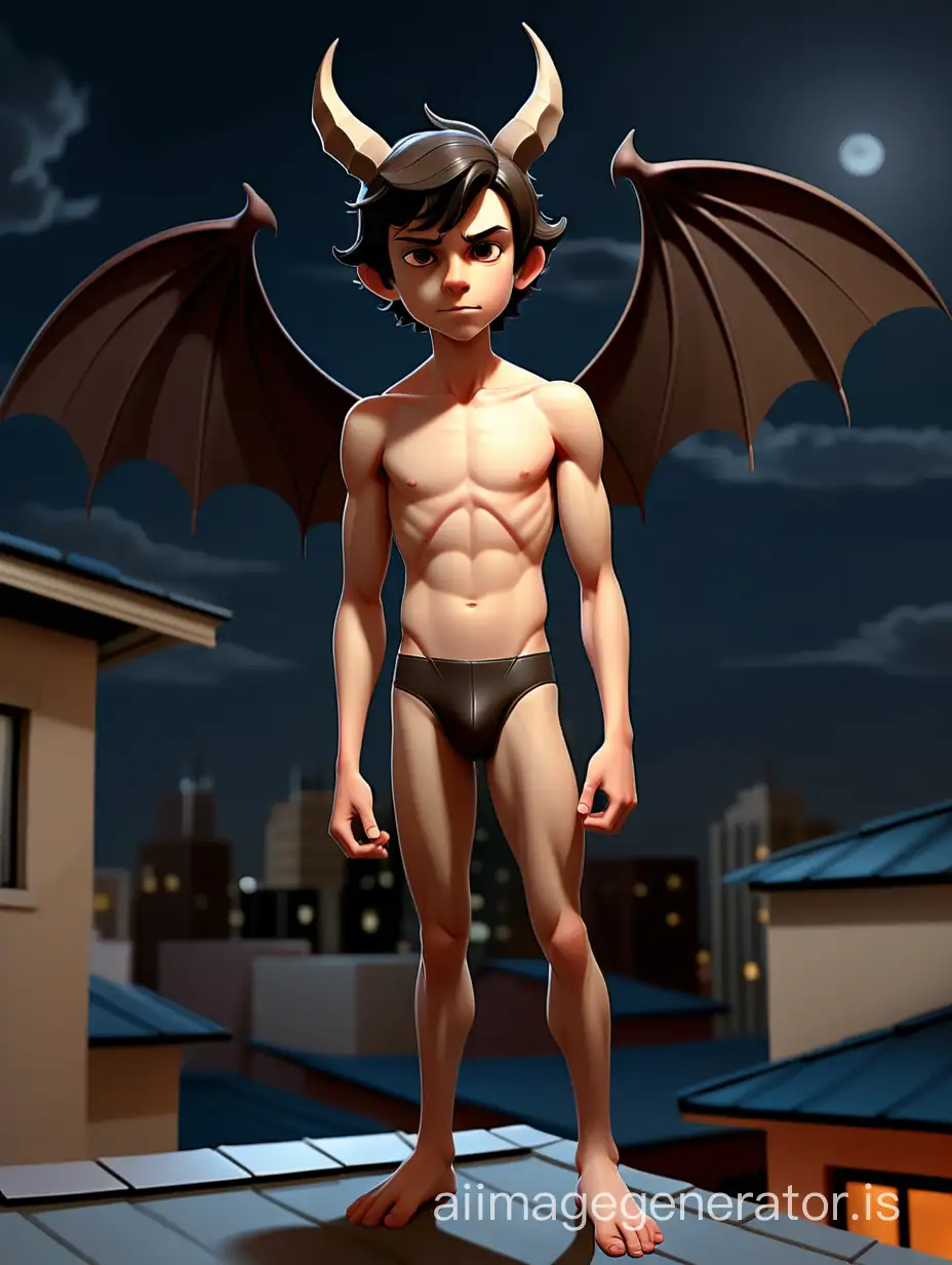 A 14 years old boy. He has bat-like Wings on his Back and dark Hair. He wears a speedo. He has Claws on his hands and feets. On his head two small horns. He has a Tail at the end of his spine. Its a night scene on a rooftop. Show the entire boy in a long shot.