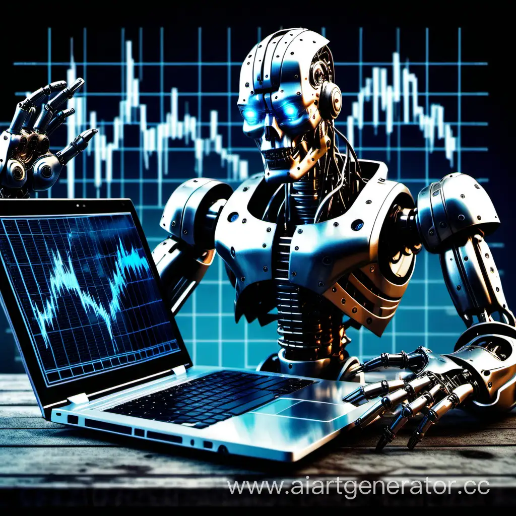 злой робот из  skynet. ноутбук с биржевыми графиками.  нефтяные скважины. 