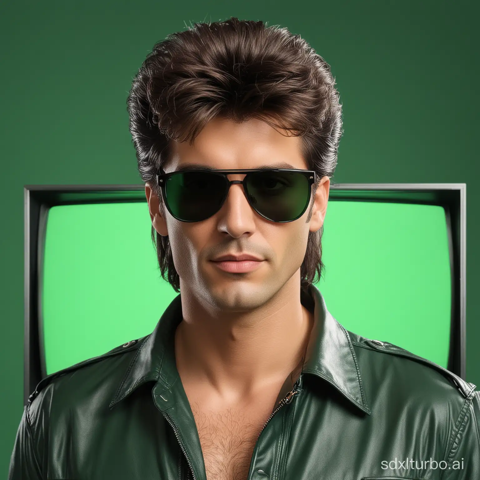 Photorealistic image of a TV presenter wearing dark sunglasses, 80s clothing and pompadour hair looking straight ahead with a clean green chrome screen behind him.