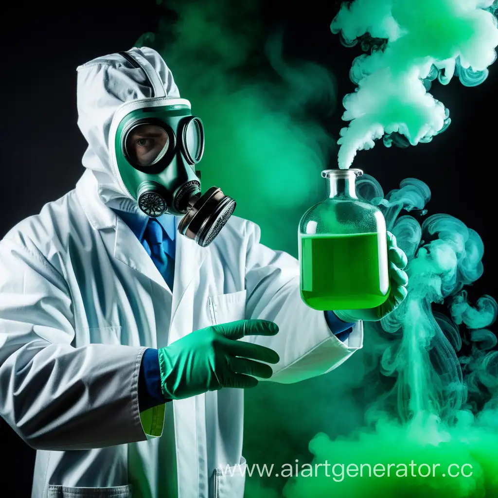 Химик в противогазе и белом халате держит колбу с зелёным дымом