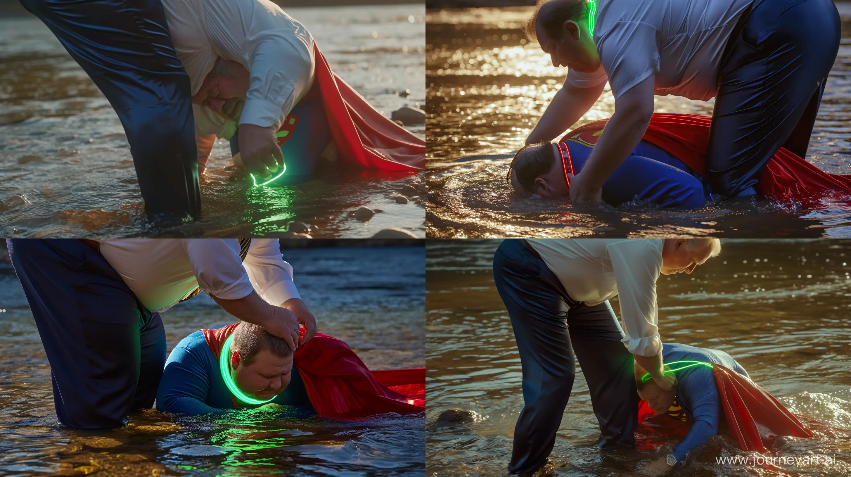 Close-up photo of a fat man aged 60 wearing silk navy business pants and a white shirt. Bending and putting a tight green glowing neon dog collar on the nape of a fat man aged 60 wearing a tight blue 1978 superman costume with a red cape crawling in the water. Natural Light. River. --style raw --ar 16:9