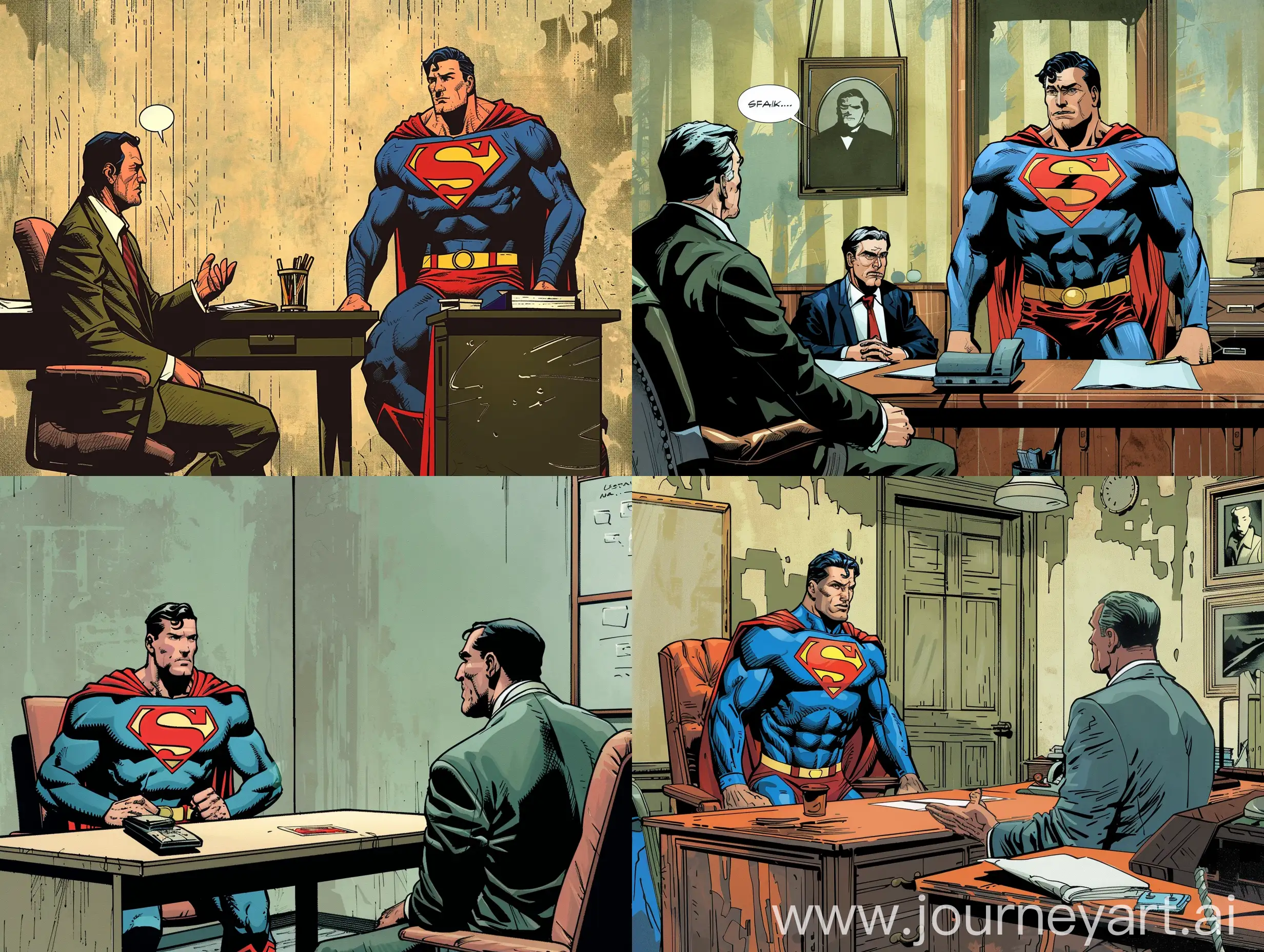 superman without logo, conversation with man in suit, office setting, man in suit asks question, superman sitting behind desk,man in suit sitting on chair,casual,grunge comic style --v 6 --ar 4:3
